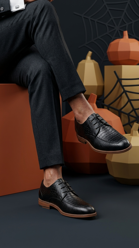 Black crocodile-embossed leather derby with contrast tan sole