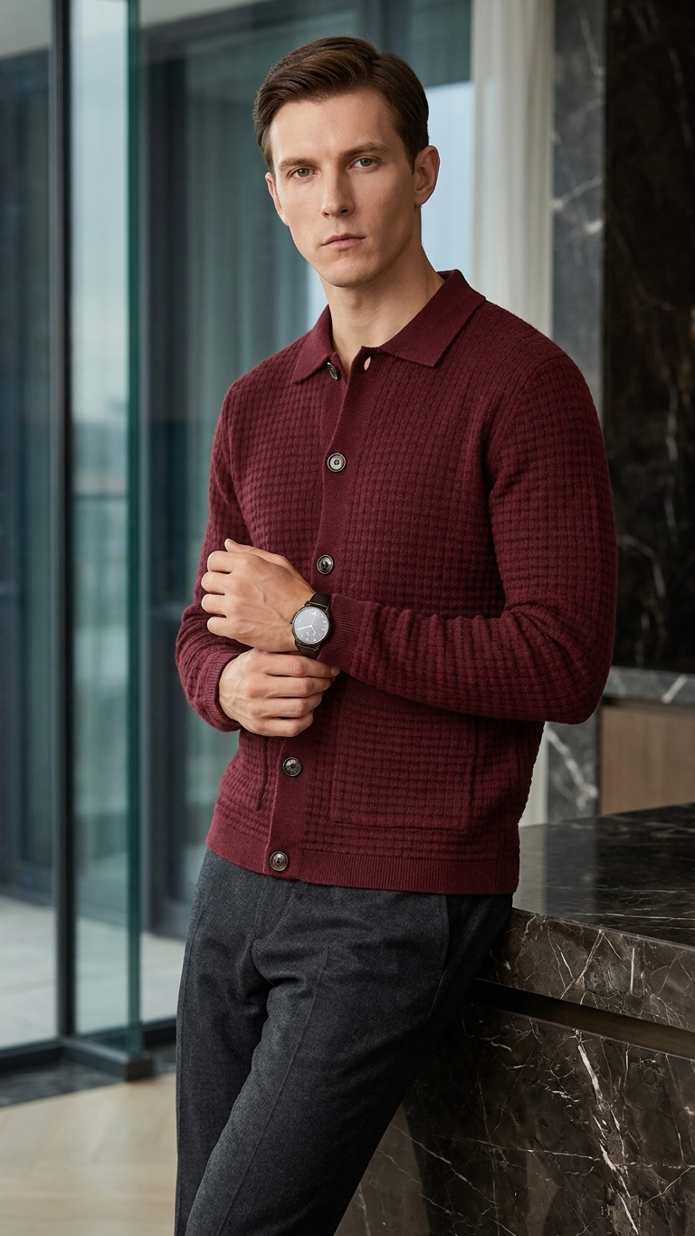 Collared Button-Front Wool Cardigan — Earl Red