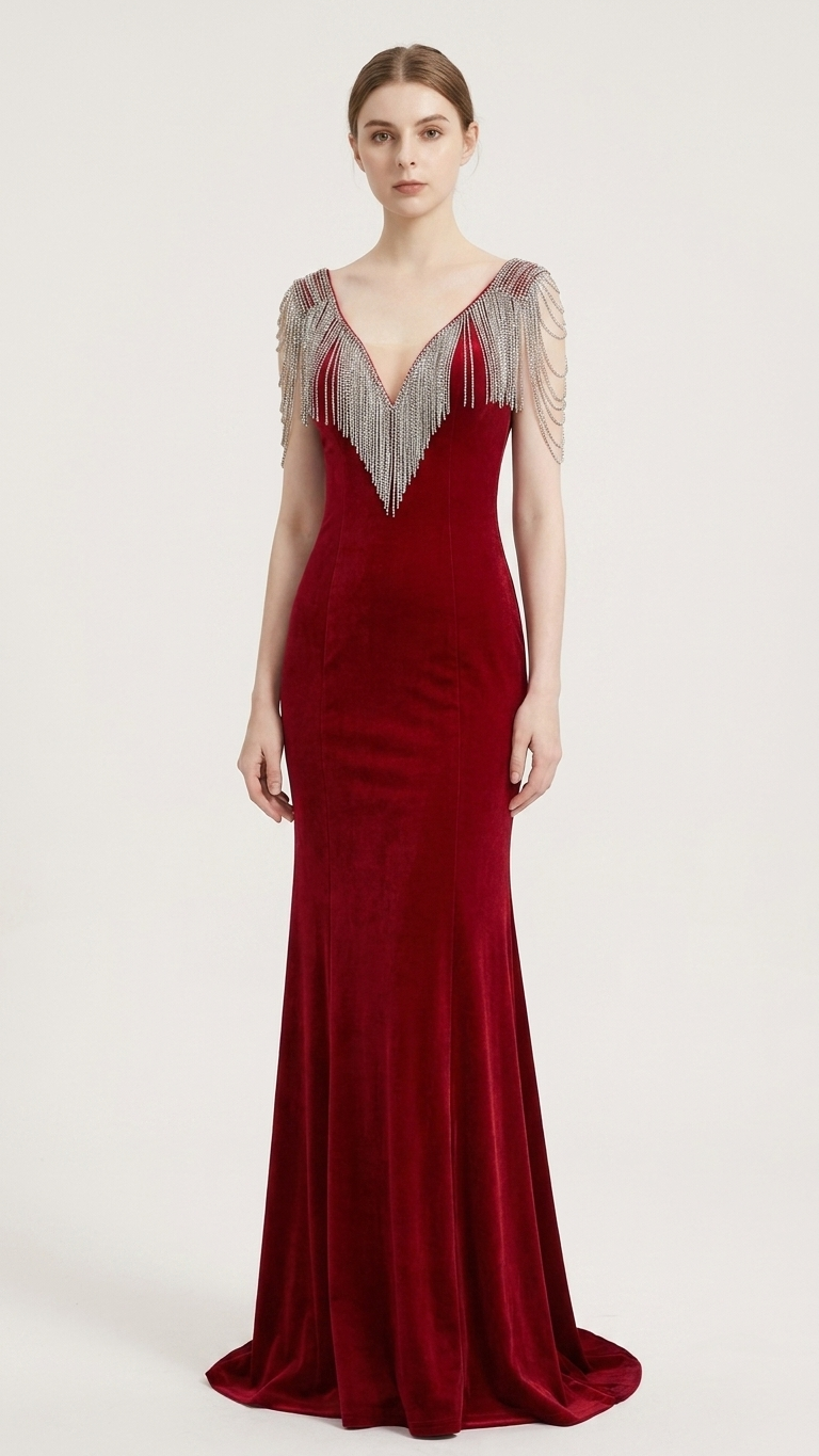 Beaded Fringe-Shoulder Fishtail Evening Gown