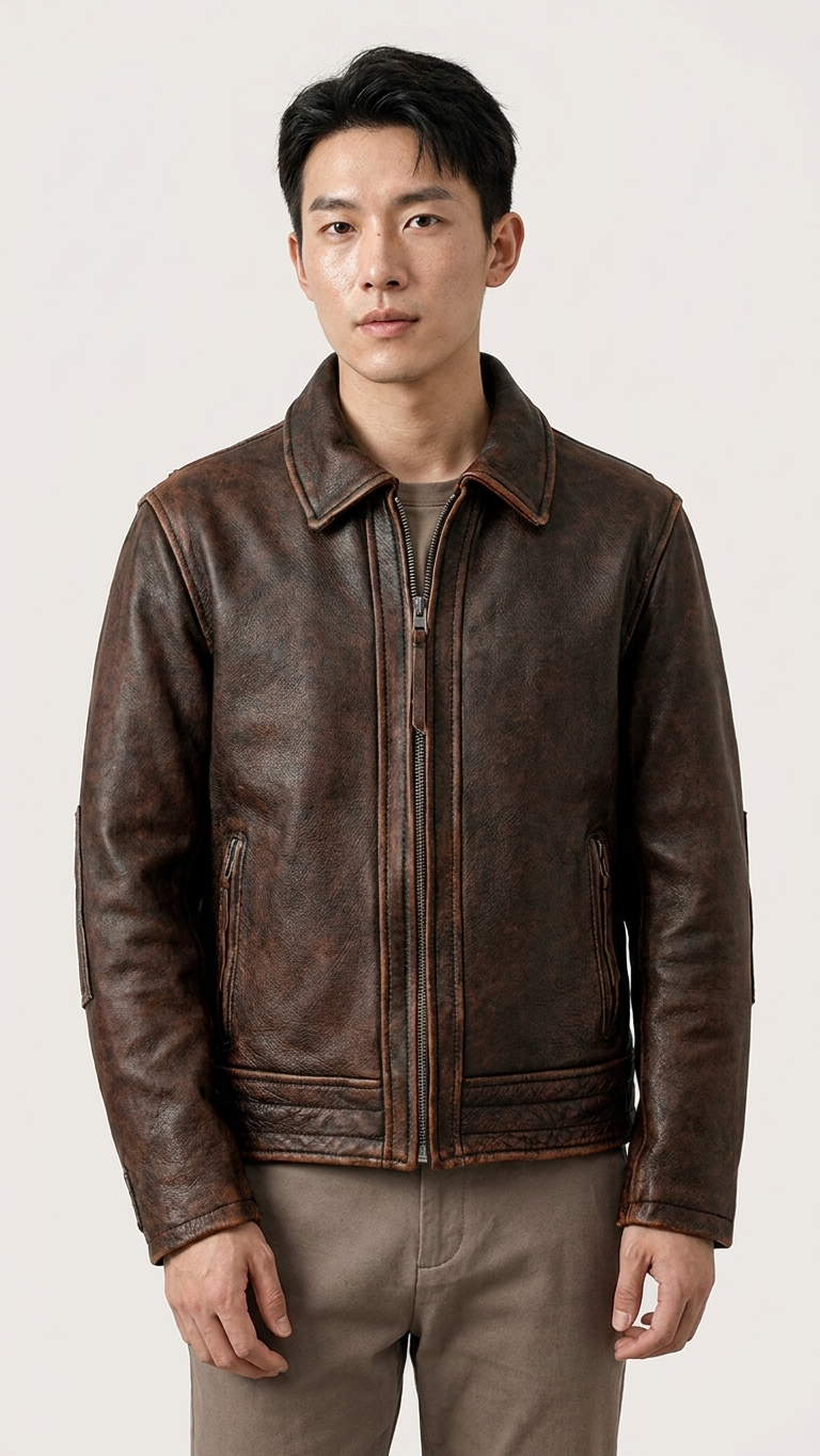 Men's Stone-Washed Cowhide Leather Jacket — Distressed Brown