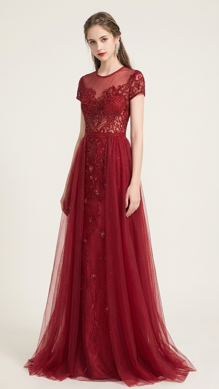 Beaded Illusion A-Line Evening Gown