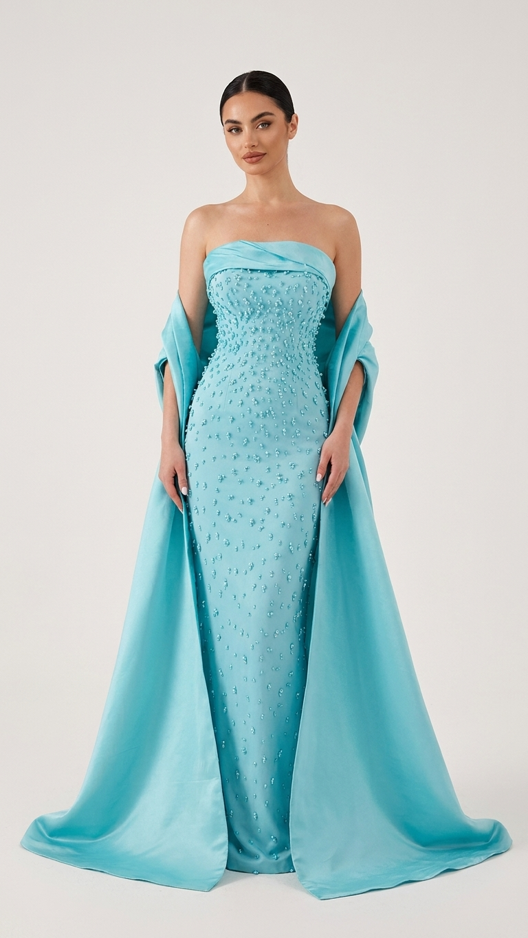Sequined Column Evening Gown with Dramatic Attached Shawl Train