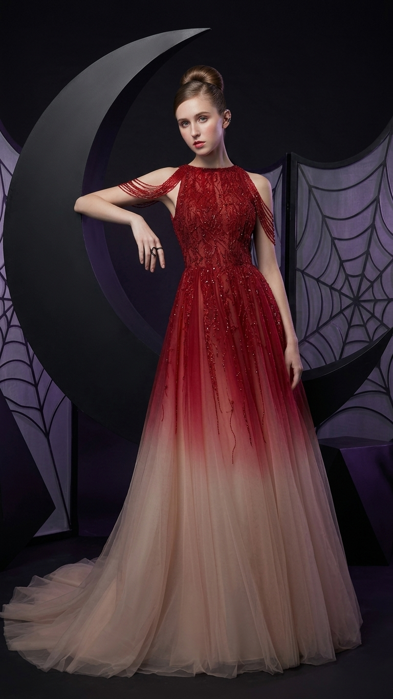 Beaded Ombré Halter Evening Gown with Sweeping Train
