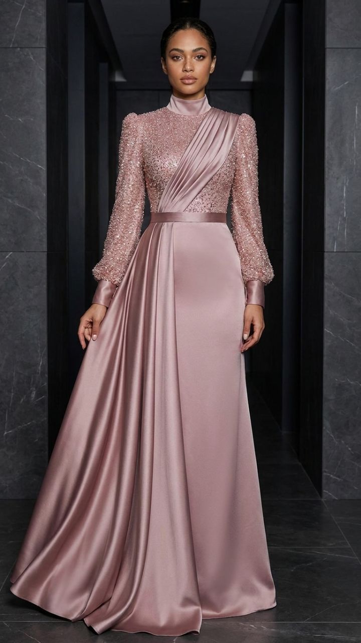 The Meridian — Beaded Stand-Collar Gown | Detachable Satin Overlay