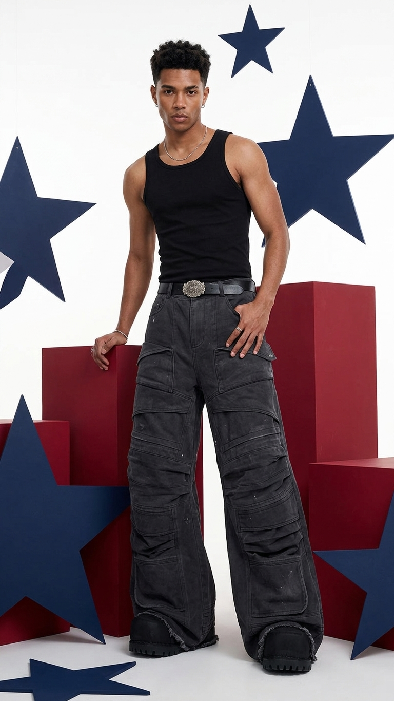 Heavy Industry Washed Wide-Leg Denim — Distressed Worn-In Silhouette