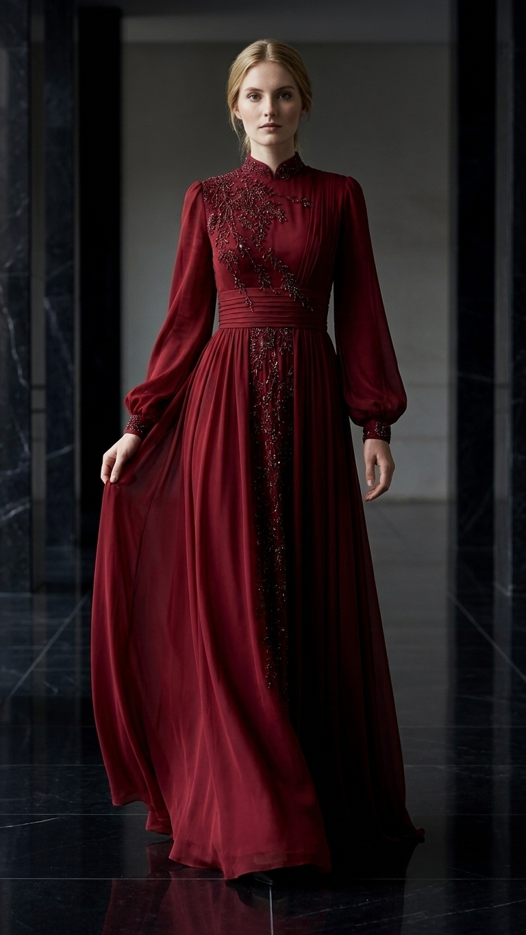 Stand Collar Long Sleeve Lace Evening Gown with Train
