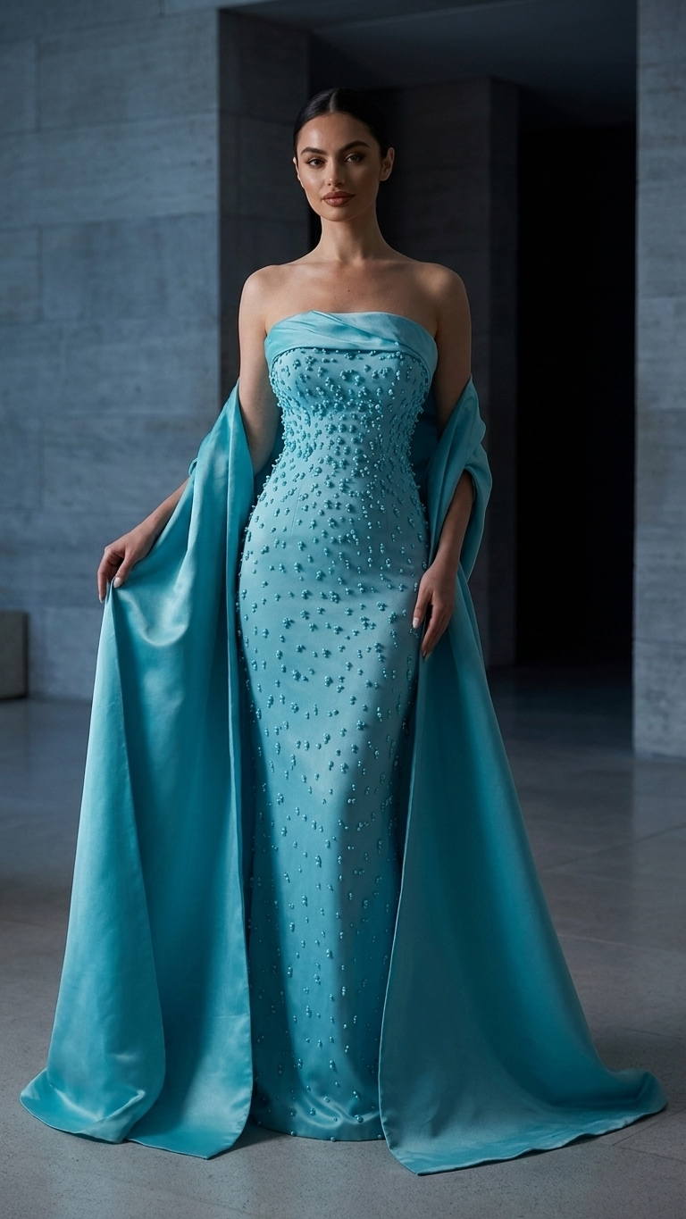 Sequined Column Evening Gown with Dramatic Attached Shawl Train