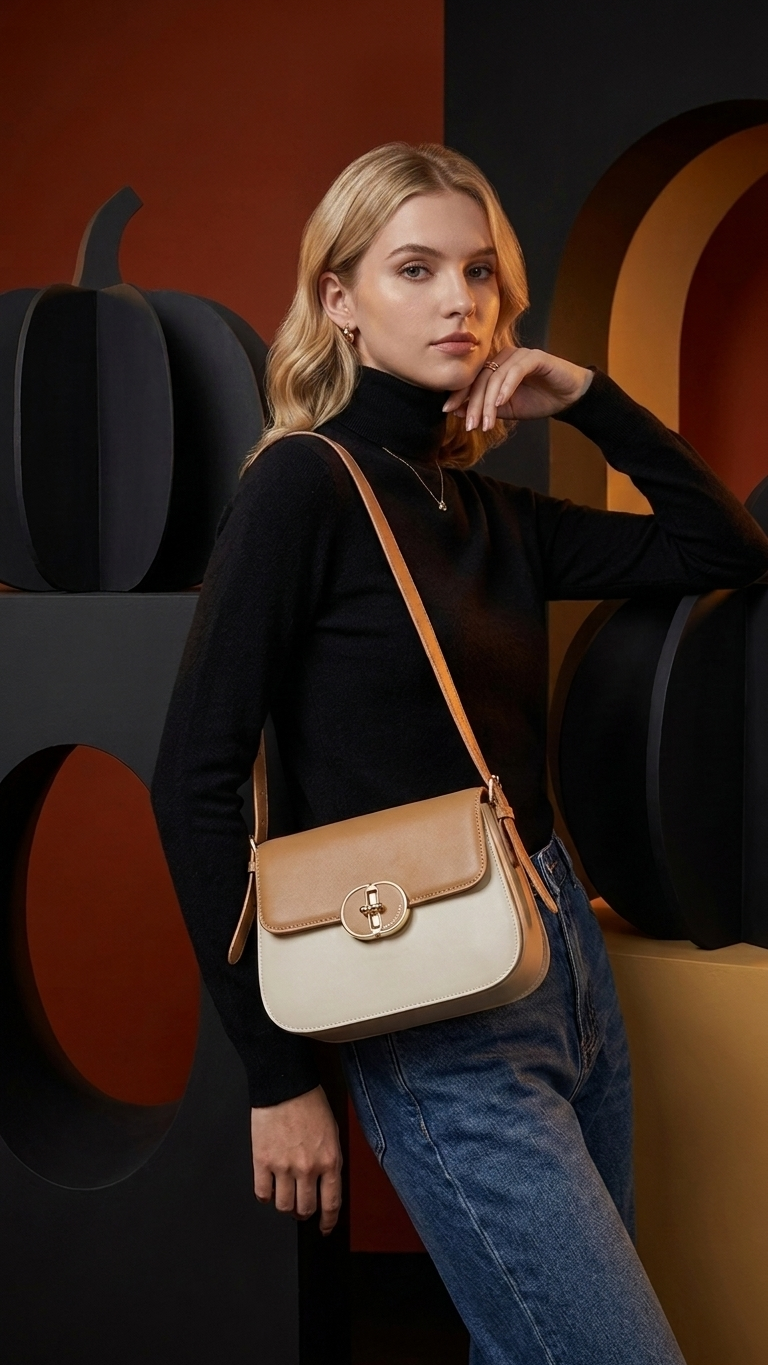Structured Square Leather Crossbody Bag — Twist-Lock Closure Statement