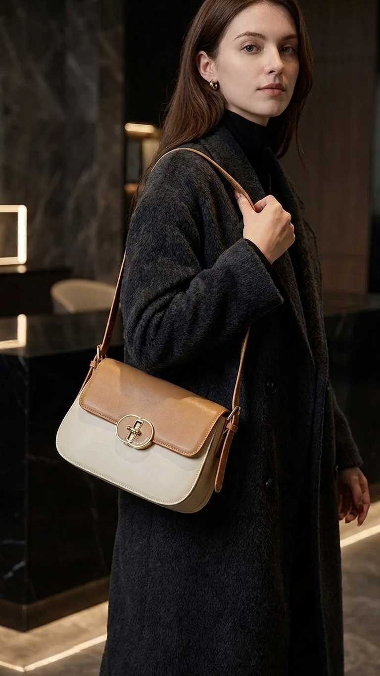Structured Square Leather Crossbody Bag — Twist-Lock Closure Statement