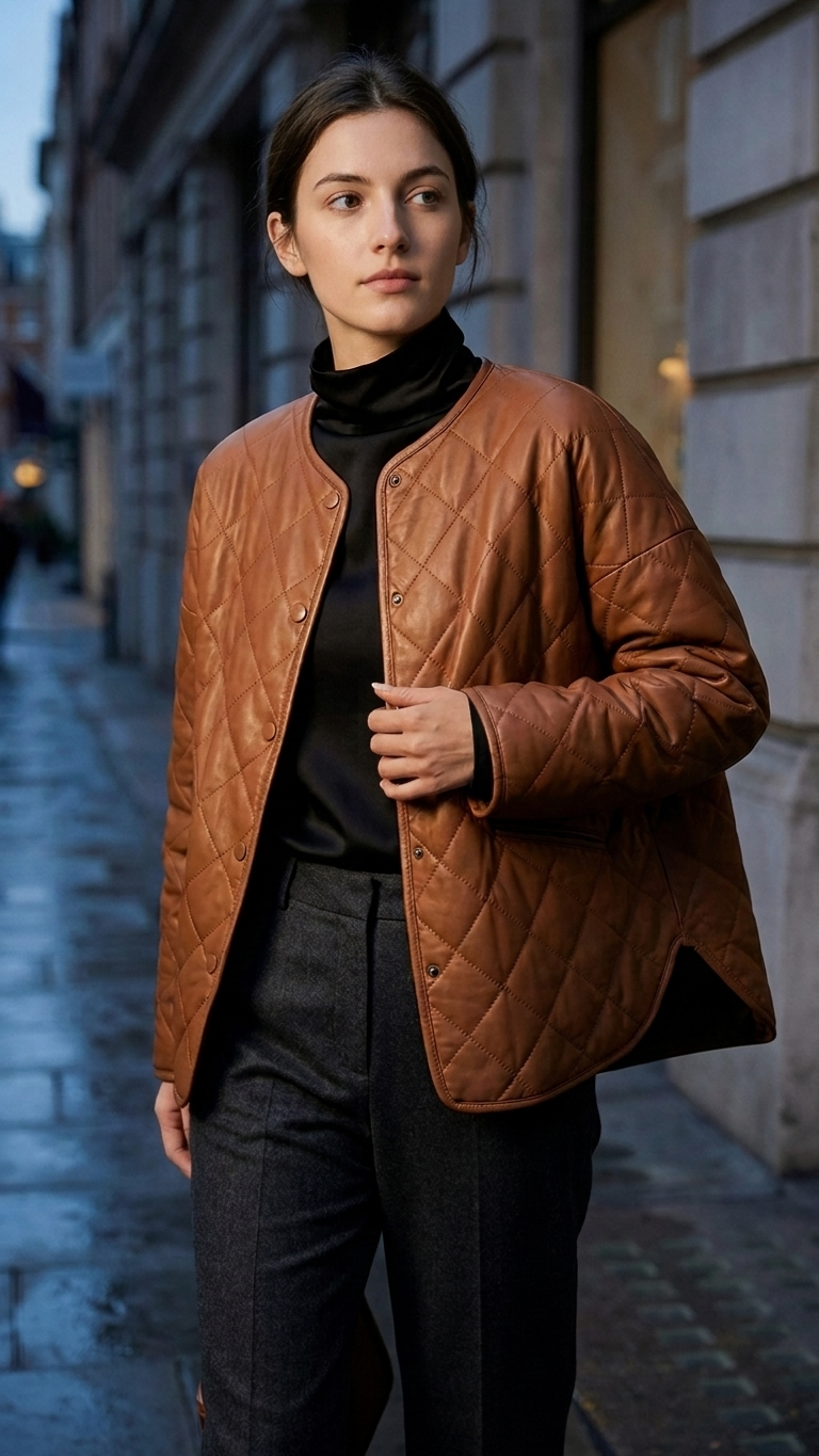 Quilted Faux Leather Jacket — Diamond Stitch, Camel & Black