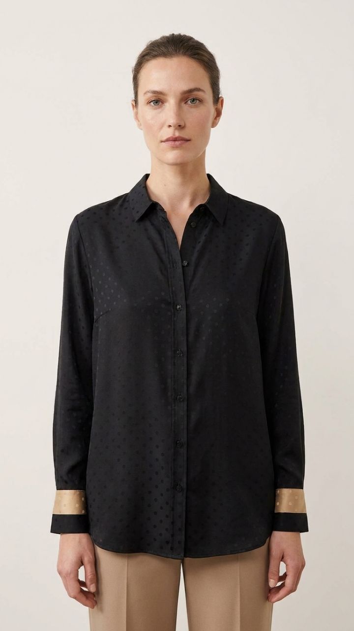 Mulberry Silk Jacquard Shirt — Women's Crepe Satin Long Sleeve Blouse