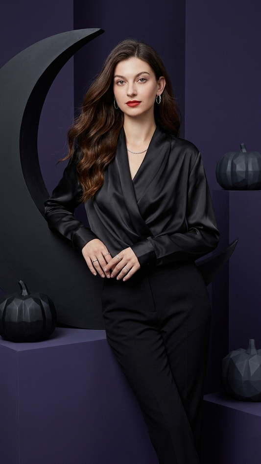 Silk Wrap Blouse — Crossover V-Neck Elegant Commute Top Shirts