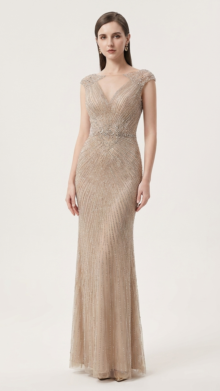 Beaded Bodice Fishtail Evening Gown — Sleeveless Formal Dress