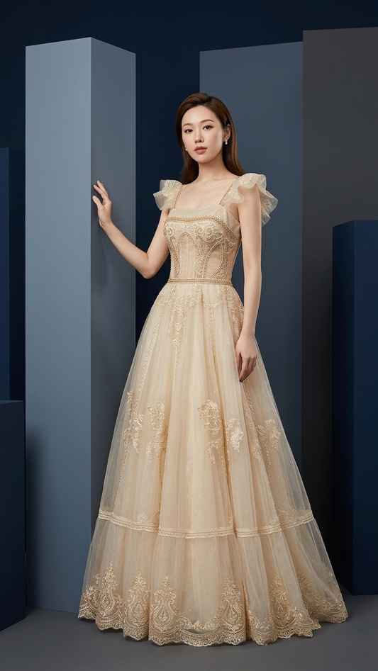 Aurelia Champagne Gold Tulle Evening Gown – High-End Banquet & Gala Dress
