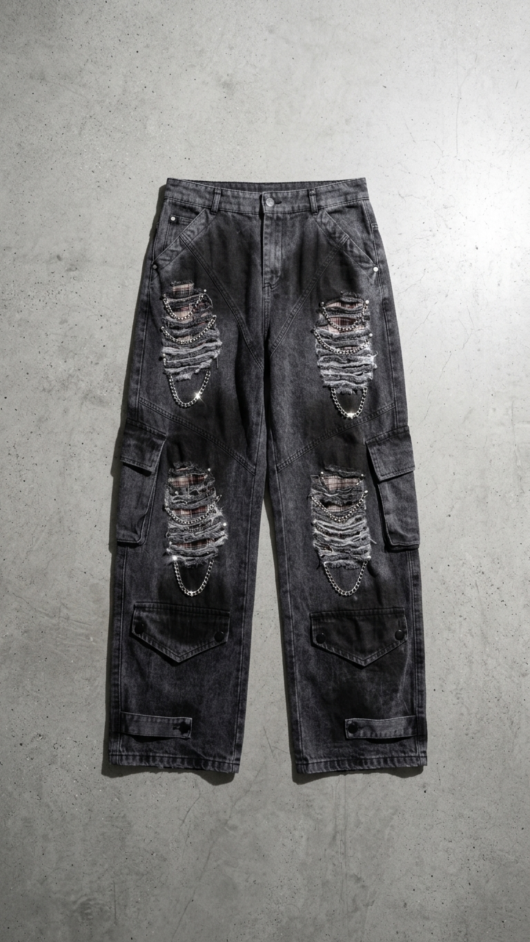 Deconstructed Distressed Wide-Leg Denim – Raw-Edge Panel Jeans