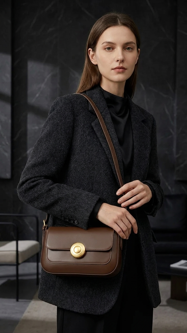Retro Structured Leather Shoulder Bag — Round Lock Closure, Underarm Style