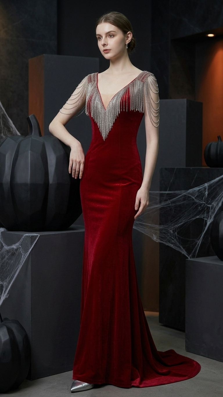 Beaded Fringe-Shoulder Fishtail Evening Gown