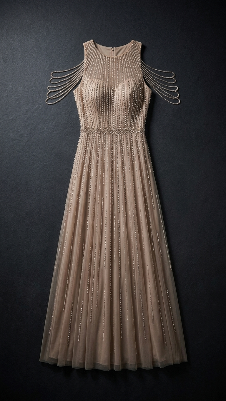 Champagne Beaded Evening Gown | Sleeveless Formal Dress