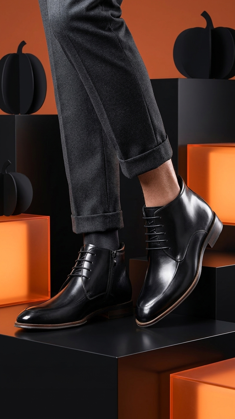 Black polished leather high-top business boot