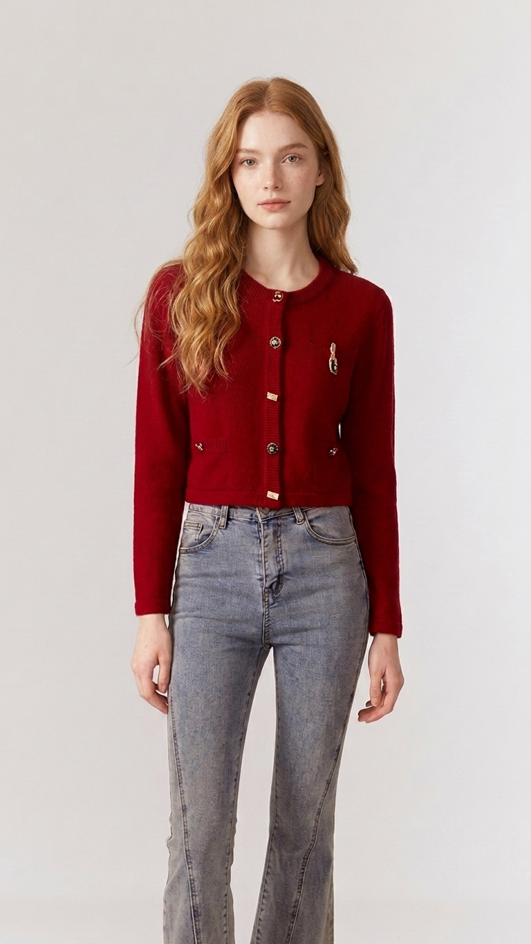 Cropped Button-Front Knit Cardigan with Pearl-Style Buttons Shirts