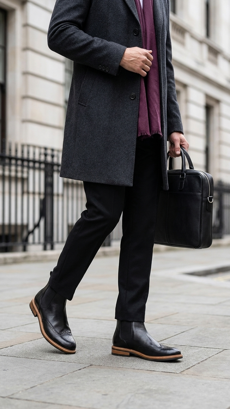 Cowhide leather brogue Chelsea boots with elastic side panels — a British retro dress boot built for versatile wear