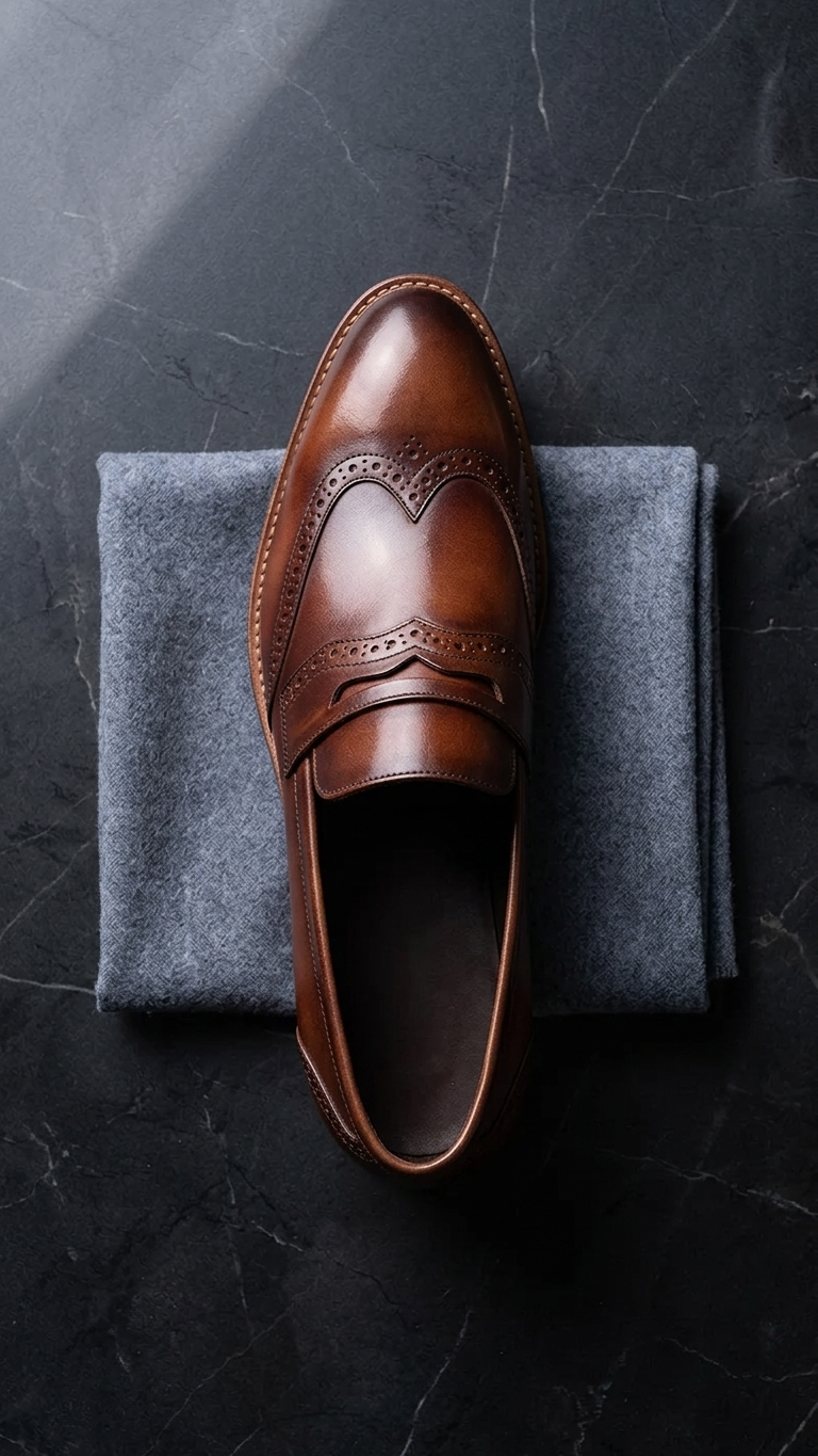 Men's Handcrafted Leather Penny Loafer with Carved Cap-Toe Detail