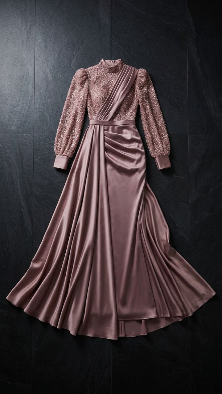 The Meridian — Beaded Stand-Collar Gown | Detachable Satin Overlay