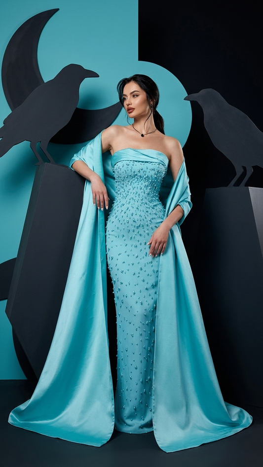 Sequined Column Evening Gown with Dramatic Attached Shawl Train