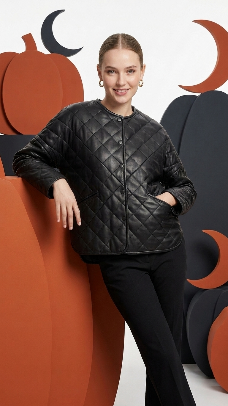 Quilted Faux Leather Jacket — Diamond Stitch, Camel & Black