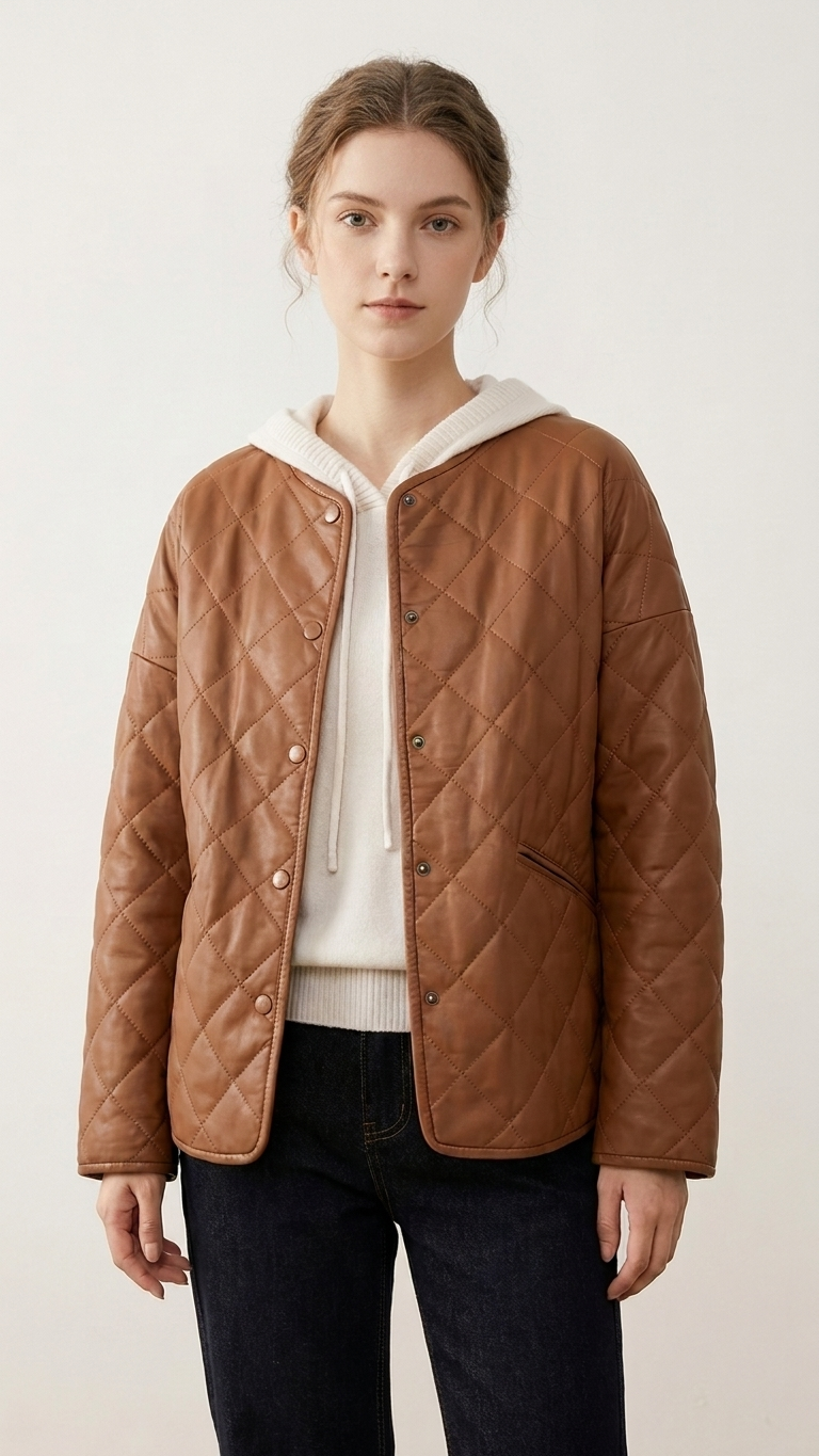 Quilted Faux Leather Jacket — Diamond Stitch, Camel & Black