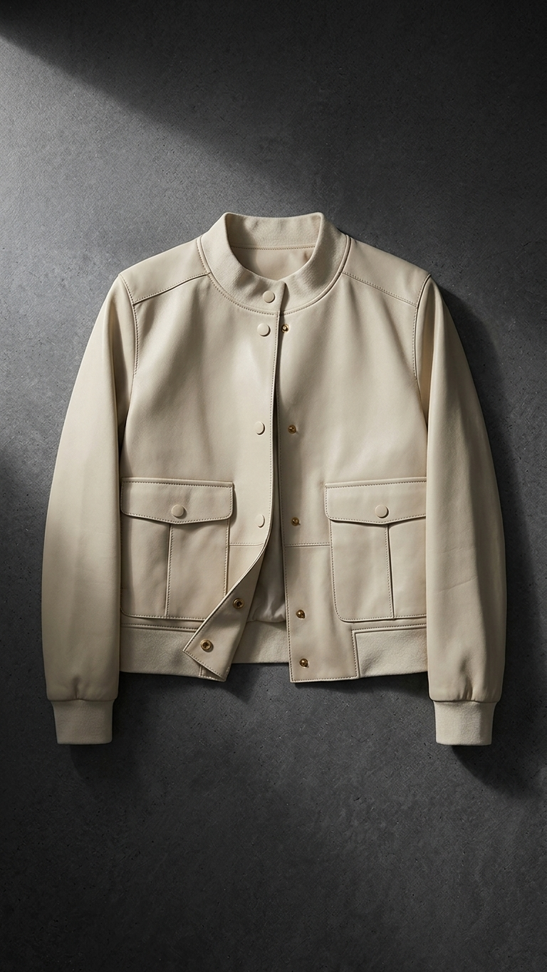 Collarless Straight-Cut Leather Jacket