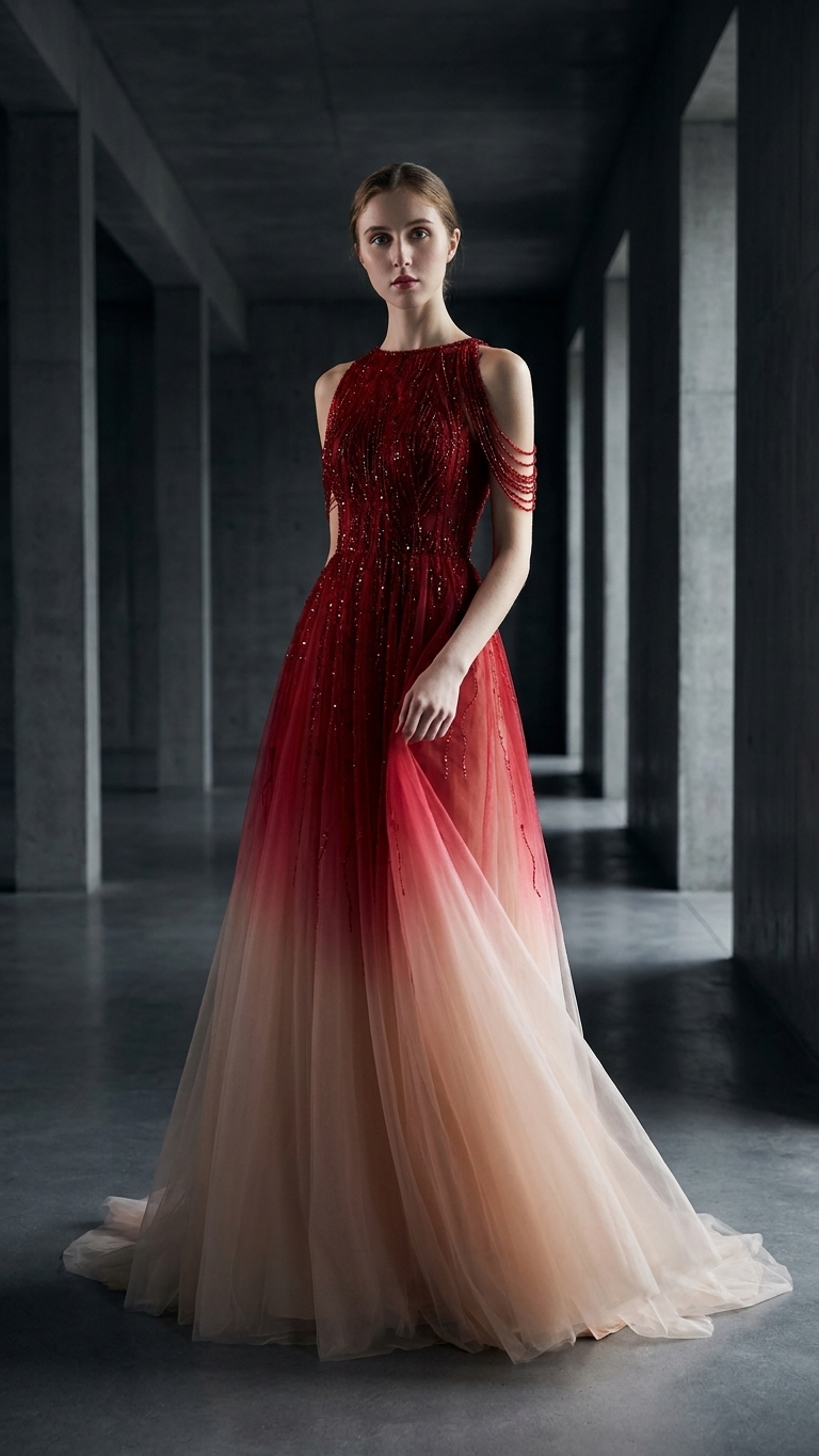 Beaded Ombré Halter Evening Gown with Sweeping Train