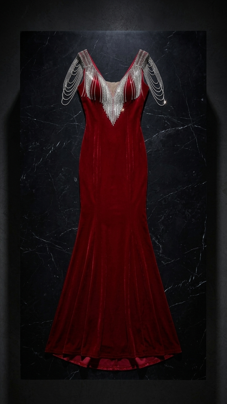 Beaded Fringe-Shoulder Fishtail Evening Gown