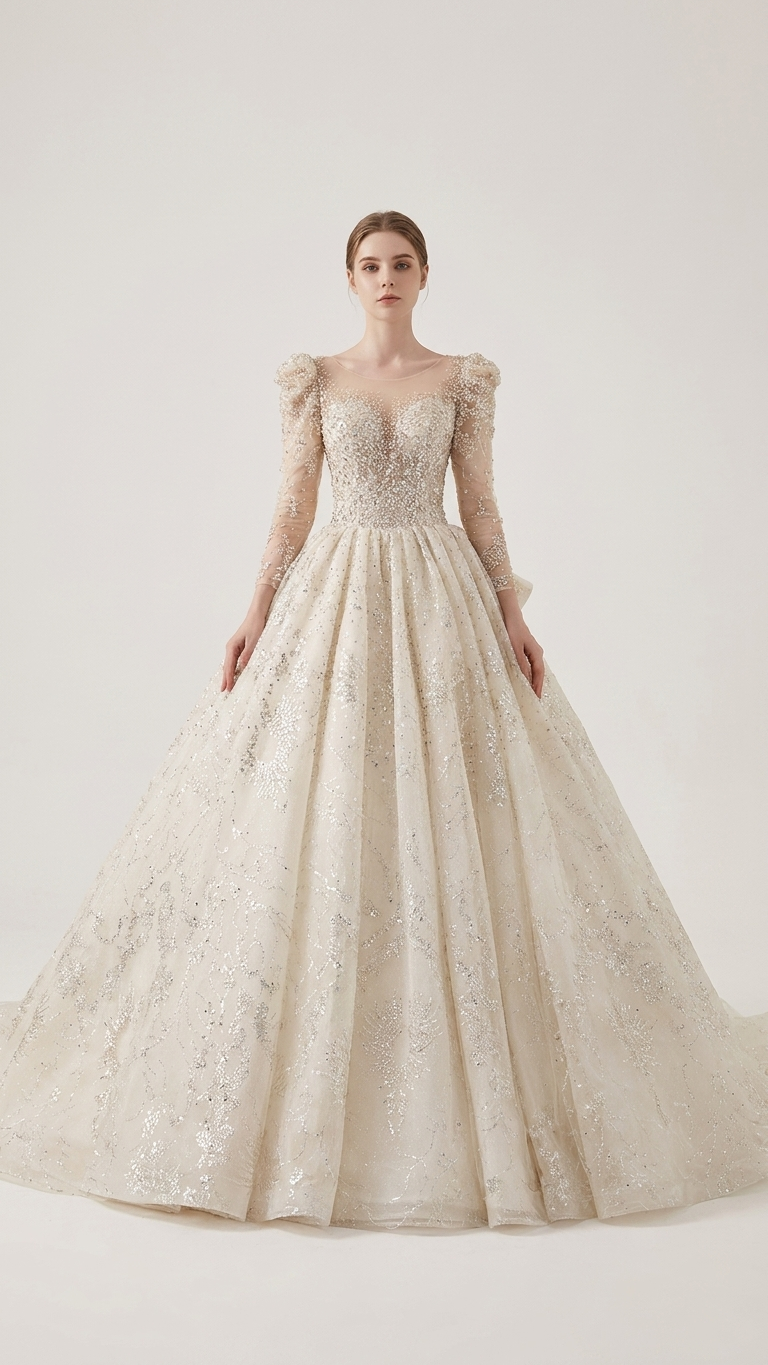 Vintage Court-Style Long-Sleeve Trailing Ball Gown