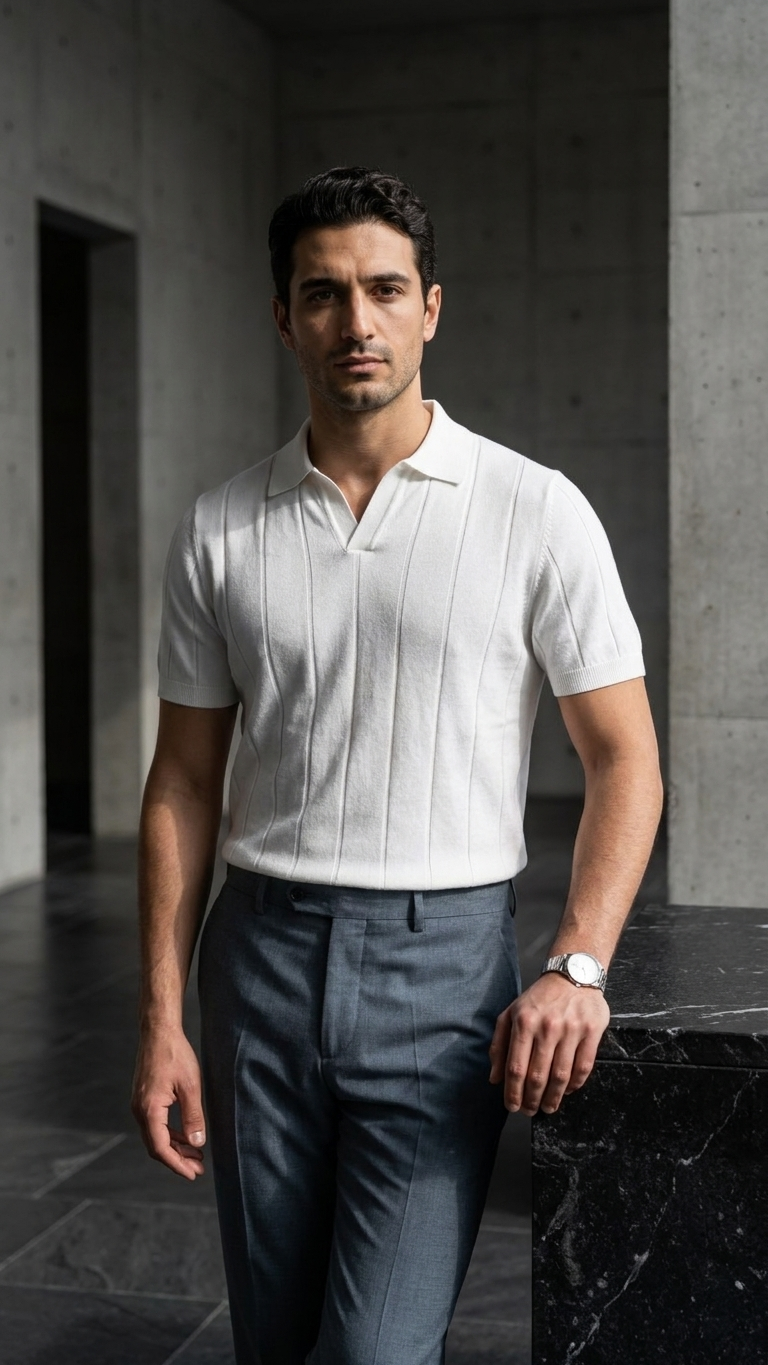 Sunken Stripe Knit Polo T-Shirts — Ribbed Seagull Collar Top