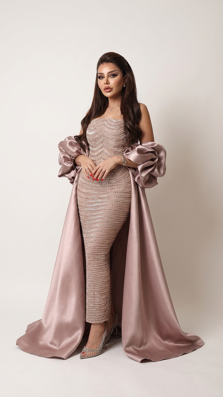 Hand-Beaded Fishtail Evening Gown with Draped Satin Cape Train