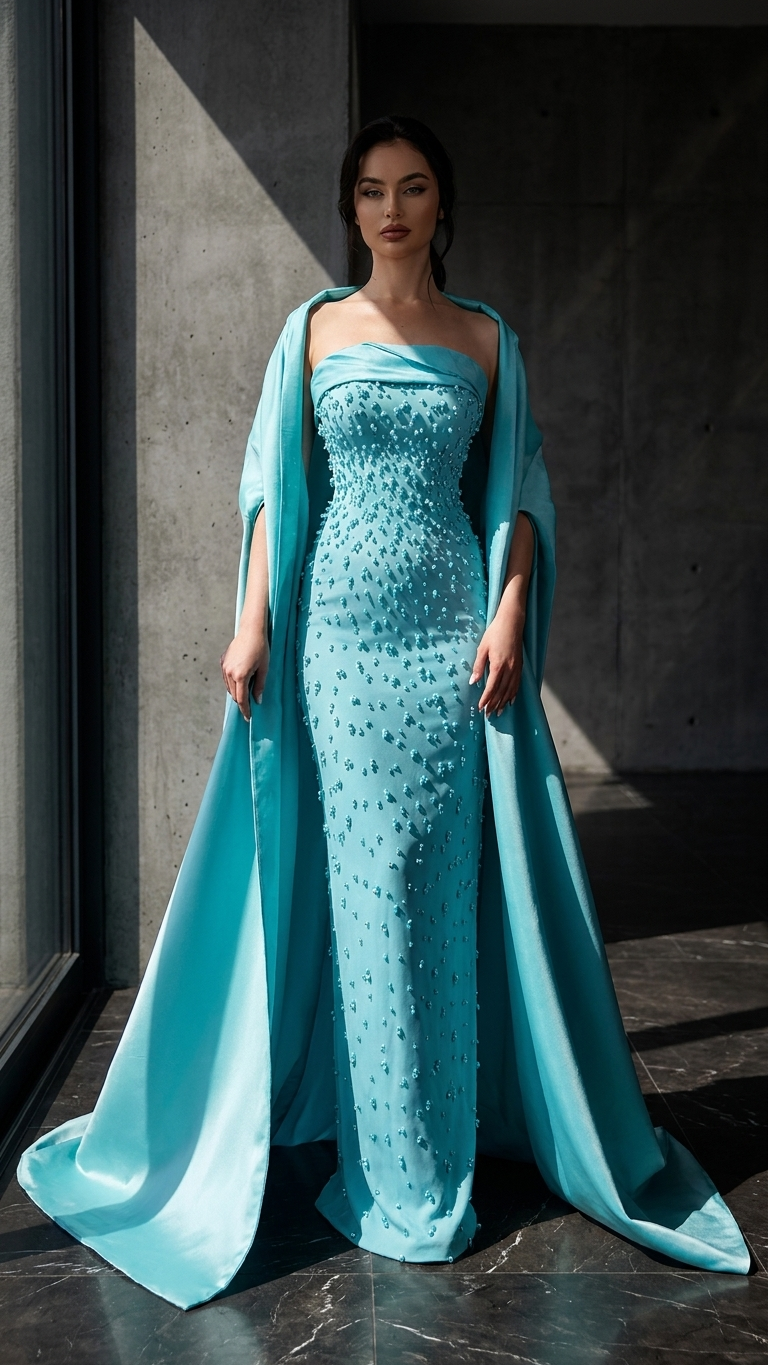 Sequined Column Evening Gown with Dramatic Attached Shawl Train