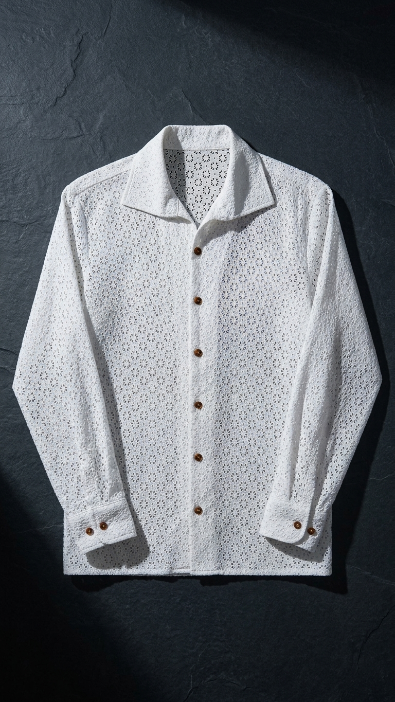 Open Collar Crochet Cotton Shirt — Long Sleeve Textured Knit, White