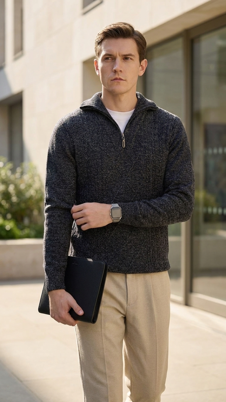 Asymmetric Zip Cable Knit Wool Sweater — Black Grey