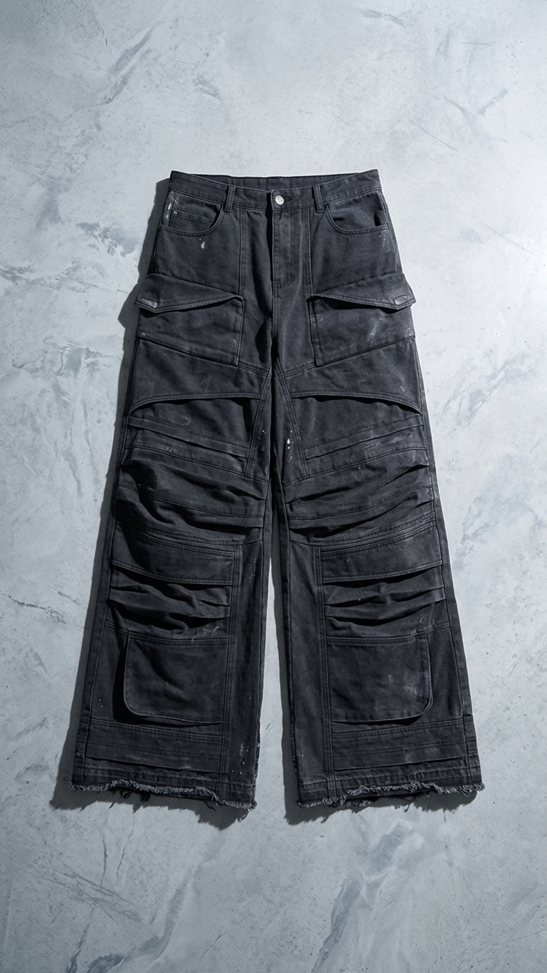 Heavy Industry Washed Wide-Leg Denim — Distressed Worn-In Silhouette