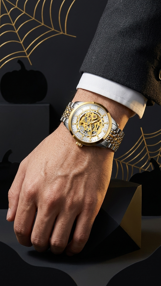 Gold-tone automatic skeleton watch, stainless steel case
