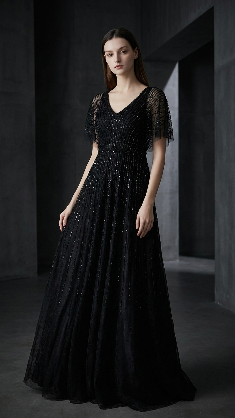 Solid Black Sequin Evening Gown with V-Neck Flutter Sleeves