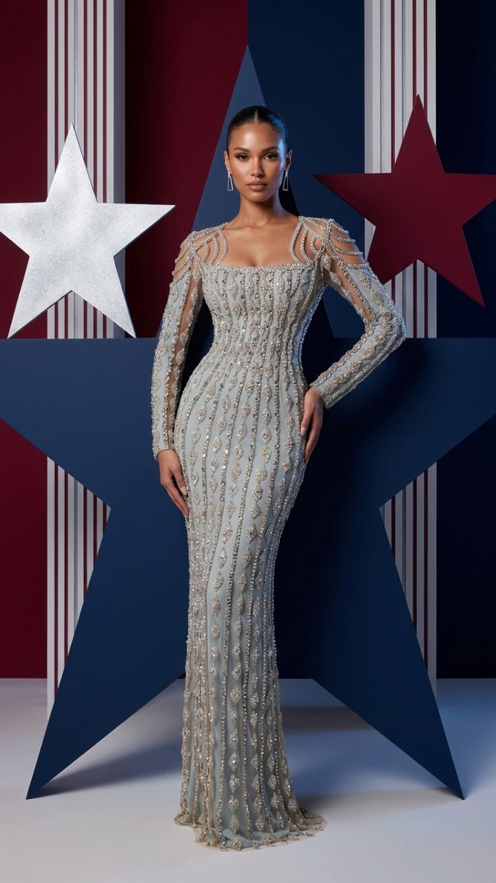 Embellished Lace Long Sleeve Fishtail Gown — Formal Evening Dress