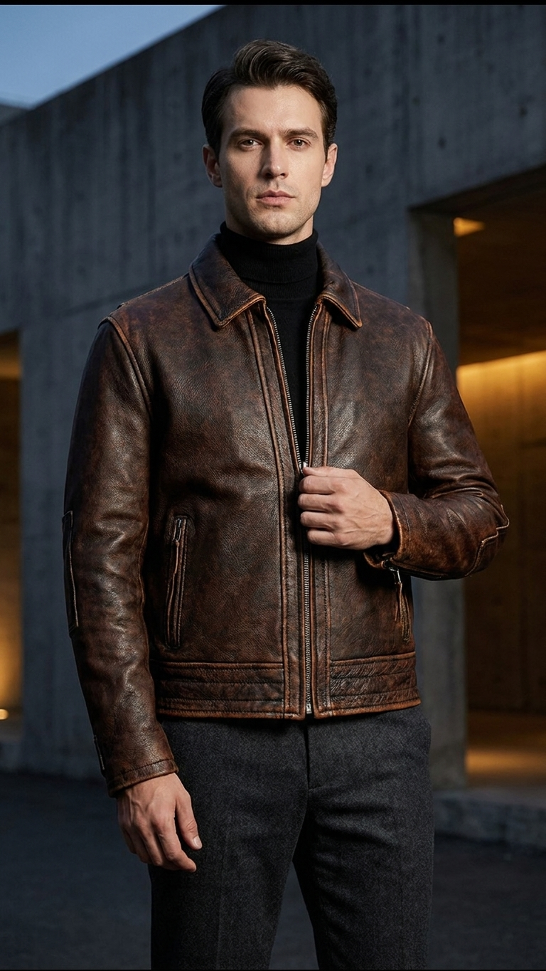 Men's Stone-Washed Cowhide Leather Jacket — Distressed Brown