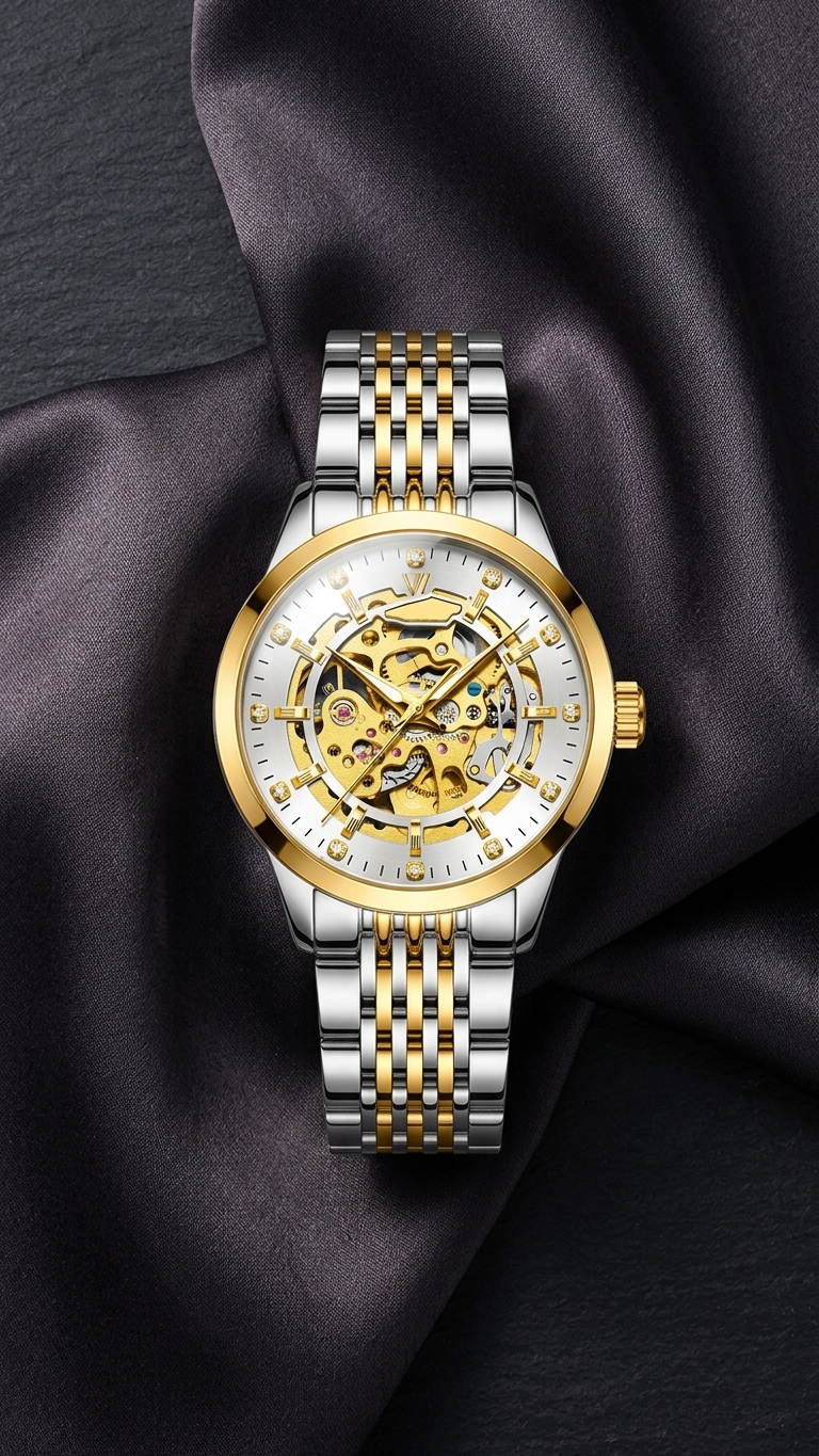 Gold-tone automatic skeleton watch, stainless steel case