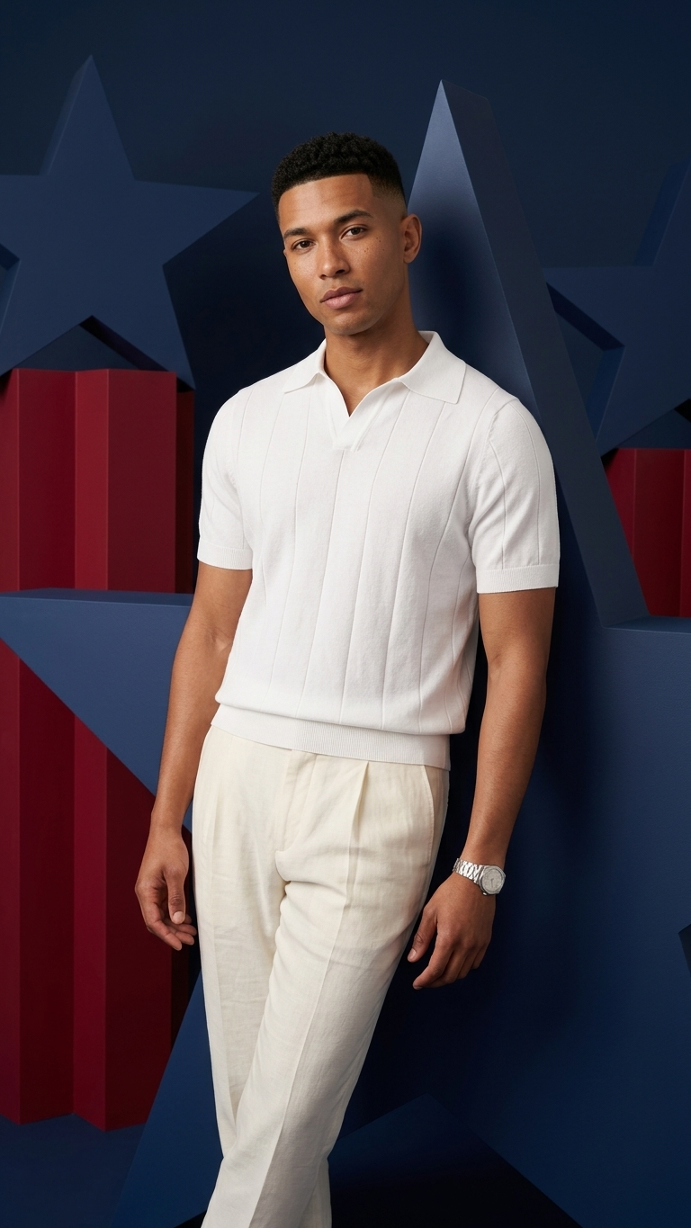 Sunken Stripe Knit Polo T-Shirts — Ribbed Seagull Collar Top