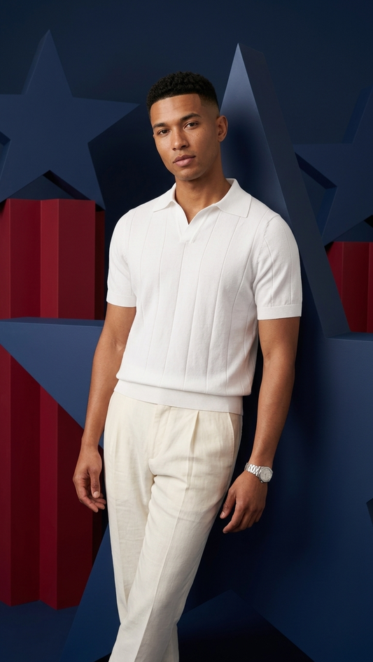 Sunken Stripe Knit Polo T-Shirts — Ribbed Seagull Collar Top