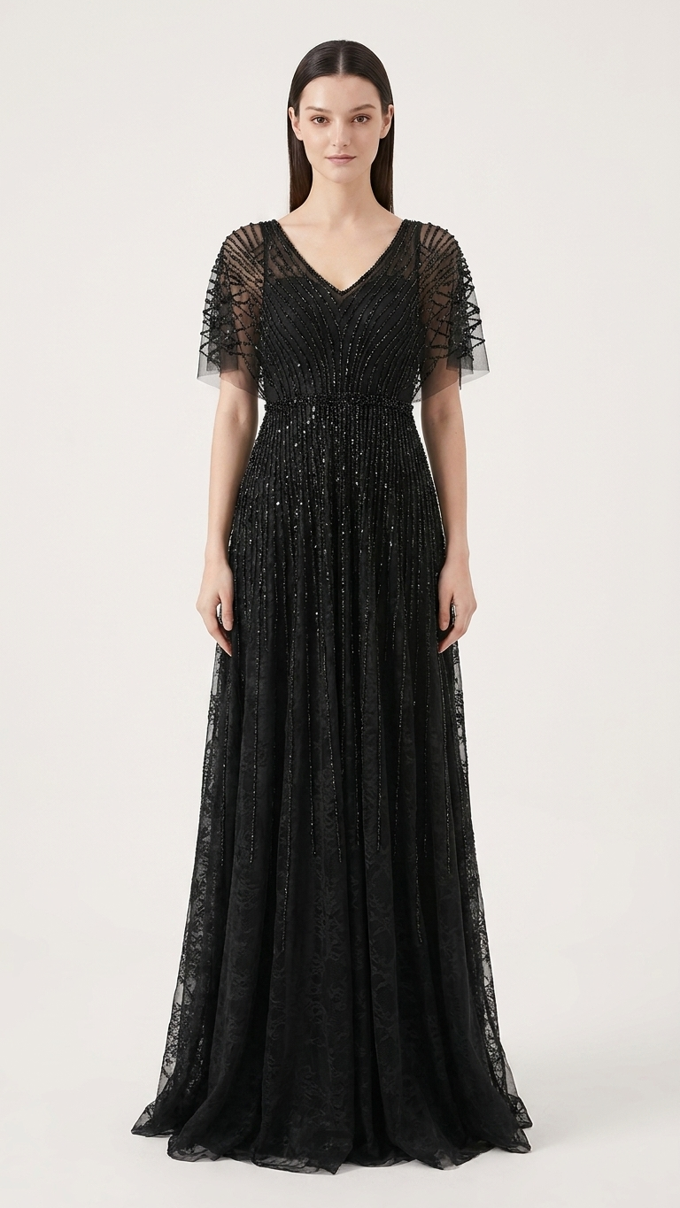 Solid Black Sequin Evening Gown with V-Neck Flutter Sleeves