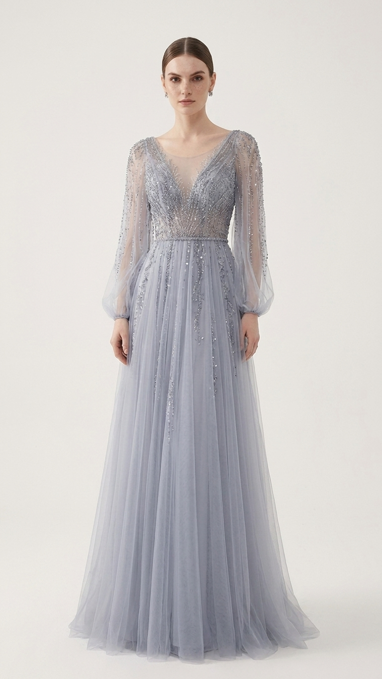 Beaded Illusion-Sleeve Tulle Evening Gown in Soft Grey