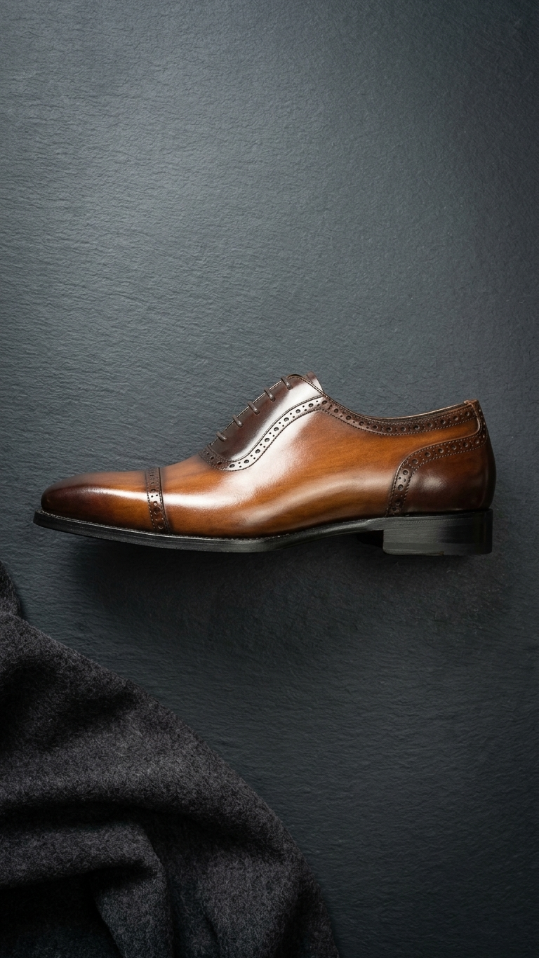 Cap-toe leather Oxford — cowhide construction, cushioned rubber sole, business-to-evening versatility in black or brown